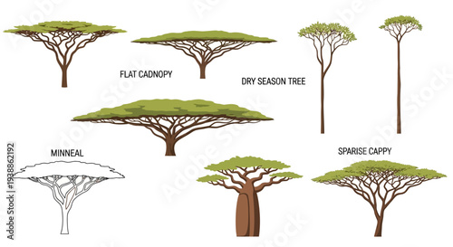 African Savanna Trees Vector Illustration Set Featuring Flat Canopy Acacia, Baobab, and Dry Season Species Isolated on White Background for Nature Design Art.