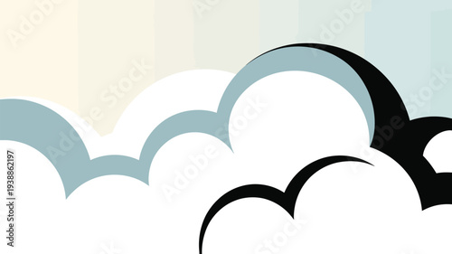 Minimalist vector illustration of white clouds with blue and black shadows against a soft gradient sky serene atmosphere perfect for backgrounds