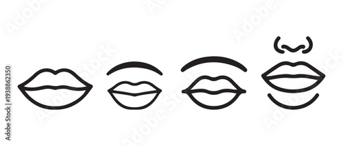 Minimalist Line Art Evolution of Facial Expressions from Simple Lips to a Full Face Icon on White Background.