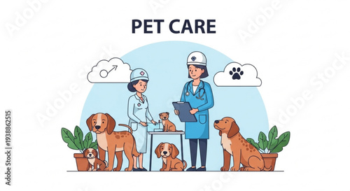 Veterinarians and dogs at pet clinic with medical equipment and plants