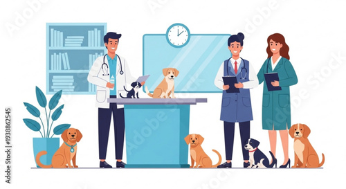 Veterinarian and pet owners with dogs and cats in clinic animal care concept veterinary medicine