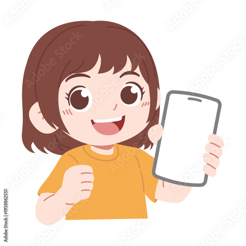 illustration of a cute girl holding a smartphone on a transparent background