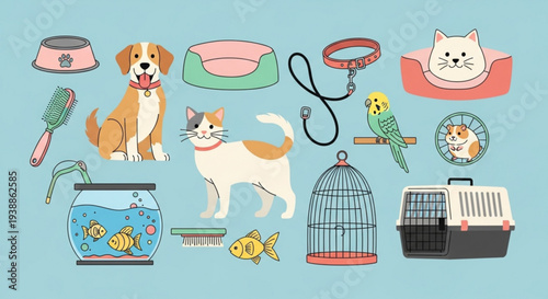 Colorful pet accessories and animals illustration for pet care and supplies concepts