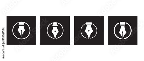 Set of four stylized fountain pen nib icons within circles on a black background, representing writing, creativity, and communication.
