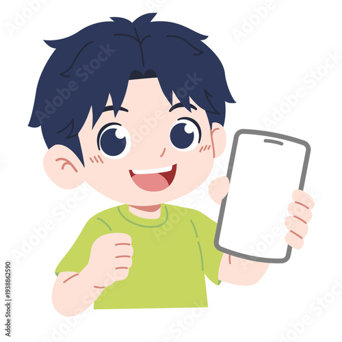 illustration of a cute boy holding a smartphone on a transparent background