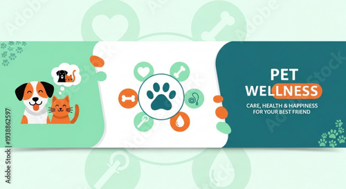 Pet wellness banner with dog cat and paw print promoting care health and happiness for pets