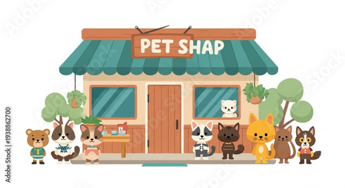 Colorful pet shop with various animals outside cartoon style illustration