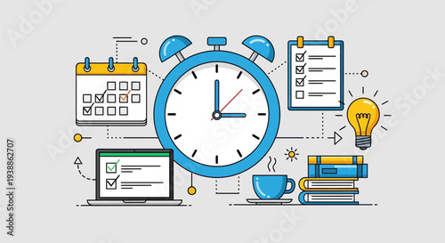 Blue Alarm Clock with Office Supplies.