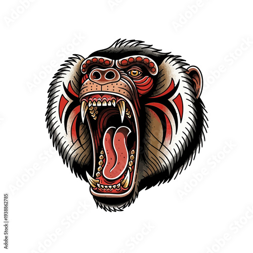 Aggressive Baboon Head Roaring, Tattoo Style Illustration