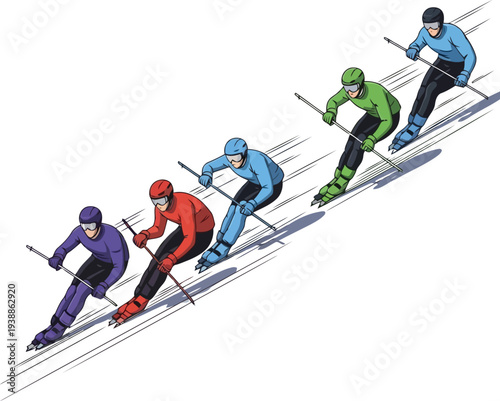 Group of Competitive Skiers Racing Downhill in Colorful Outfits – Winter Sports Illustration