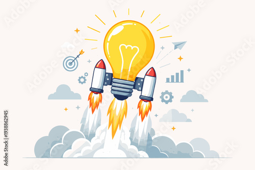 Creative Idea Launch Concept with Lightbulb Rocket Taking Off from Clouds, Symbolizing Innovation, Business Startup Success, Imagination, Technology Growth, and Strategic Problem Solving Vector