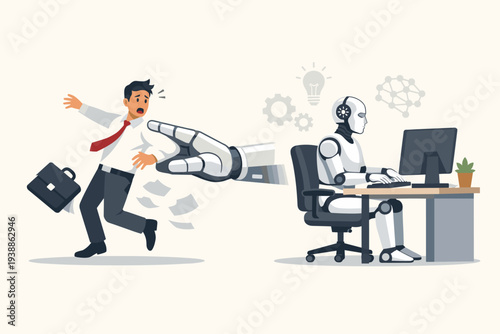 Artificial Intelligence AI Replacing Human Jobs Concept with Robot Pushing Businessman Away from Desk, Automation and Future of Work Technology Leading to Employee Layoff and Unemployment