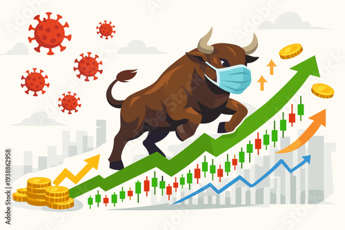 Bull Market Recovery During COVID-19 Pandemic: Vector Illustration of a Bull Wearing a Face Mask Running Up a Green Growth Arrow with Stock Market Charts, Gold Coins, and Coronavirus Cells.