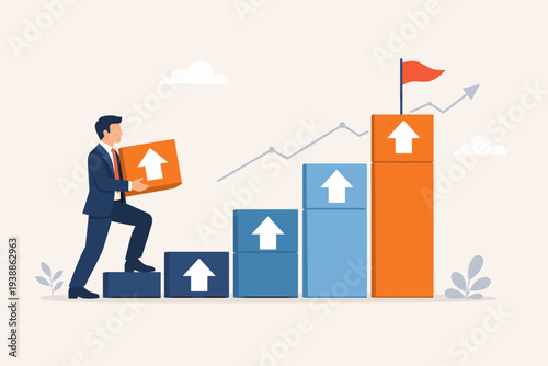 Businessman climbing a staircase made of boxes to reach a goal flag, representing business growth, career improvement, investment profit, personal development, professional success, and progress.