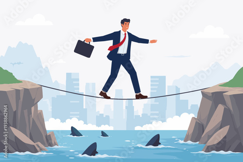 Businessman walking on a tightrope over shark-infested water between two cliffs, representing business risk, investment challenge, danger, and professional difficulty to overcome for success.