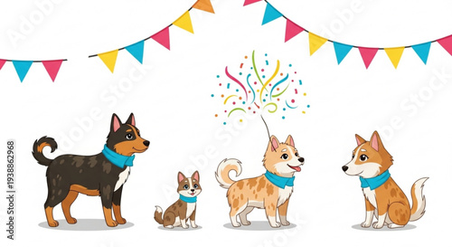 Four dogs celebrate festive occasion with colorful bandana and party streamer