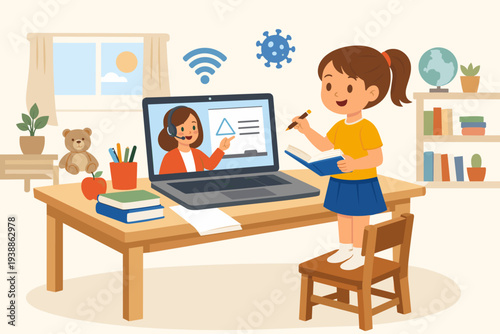 Little Girl Studying at Home During COVID-19 Lockdown with Online Teacher on Laptop Screen. Remote Education and E-learning Concept with School Closed for Coronavirus Pandemic Crisis. Vector Art.