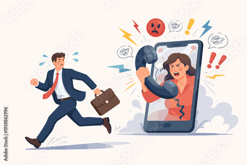 Businessman running away from an angry customer shouting through a large smartphone screen, concept of bad feedback, customer complaint, dissatisfaction, and stressful client communication.