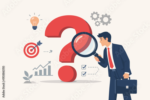 Businessman with magnifying glass analyzing a large red question mark for root cause analysis, problem solving, and business research. Leadership skill to find solutions, answers, and strategy.