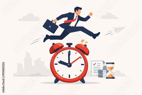 Businessman in a suit jumping over a large red alarm clock, concept of time management, meeting deadlines, work efficiency, productivity, punctuality, and overcoming procrastination in career.