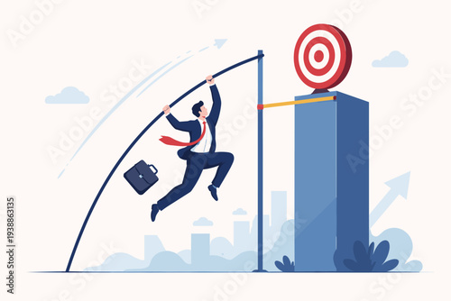 Businessman Pole Vaulting Over High Bar to Reach Target Goal, Concept of Business Success, Achievement, Overcoming Challenges, Ambitious Career Growth, Leadership, and Winning Competition Vector
