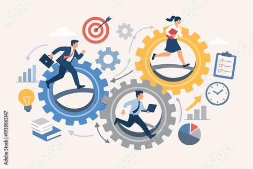 Business organization efficiency development and workflow strategy for team success. People running in gears representing company system, productivity, management, and corporate growth vector.