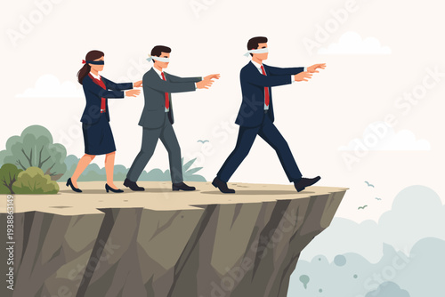 Blindfolded business people walking towards the edge of a cliff, a powerful metaphor for bad leadership, wrong decisions, business failure, lack of vision, corporate risk, and dangerous strategy.