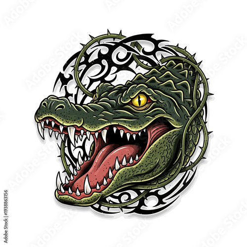 Angry alligator head with sharp teeth and thorns, tribal tattoo design