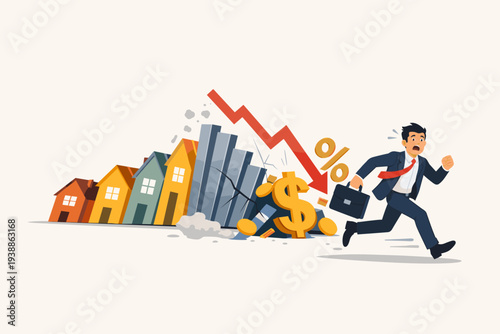 Businessman Running from Real Estate Market Crash and Property Debt Crisis with Falling House Dominoes, Red Downward Arrow, and Financial Symbols Representing Economic Recession and Investment Risk