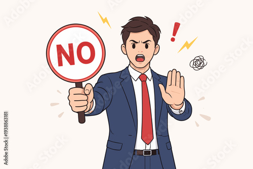 Angry Businessman in a Blue Suit Holding a Round No Sign and Making a Stop Gesture with His Hand, Expressing Rejection, Refusal, Disagreement, and Negative Feedback, Vector Illustration.