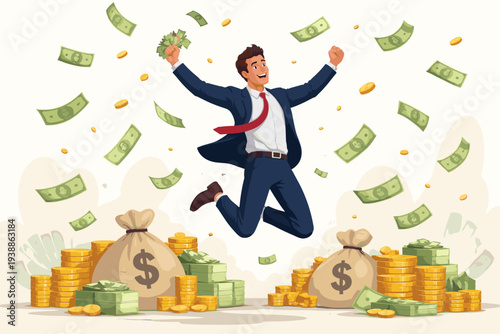 Happy Businessman Jumping for Joy with Falling Money, Stacks of Cash, and Gold Coins, Celebrating Financial Success, Wealth, and Achievement in a Vibrant Vector Illustration Graphic Design.