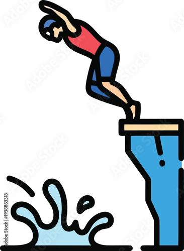 Vector illustration of athlete diving from platform into water, summer sports activity icon