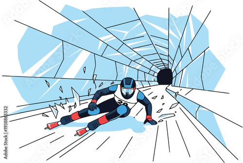Winter Sports Luge Athlete Racing Down Ice Track in Dynamic Cartoon Illustration