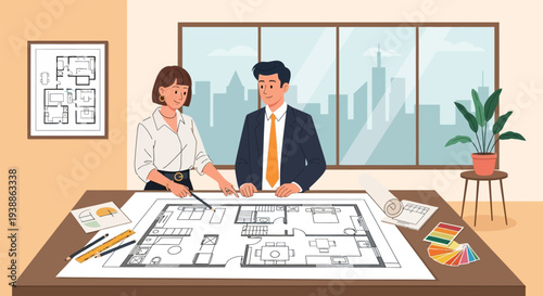 Business Professionals Reviewing Architectural Blueprint Together.