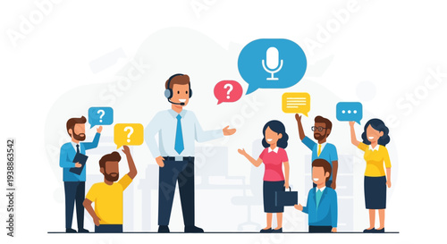 Businessman Speaking to Group with Speech Bubbles.