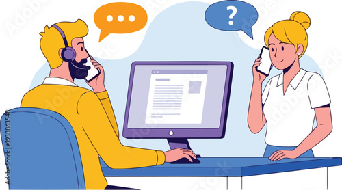 featuring a man and woman engaged in a conversation. The man, with bright hair and a beard, sits at a desk with his back to the viewer, 