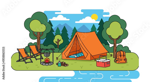 Camping Scene with Tent and Outdoor Furniture.