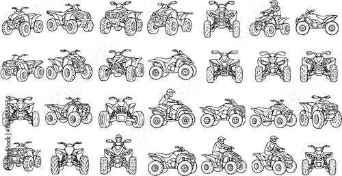Automotive  Recreation: Black and White Line Art Collection of All-Terrain Vehicles (ATVs)  Quad Bikes - Outline Drawings and Vector Sketches