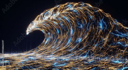 Glowing blue and orange wave crashes at night with vibrant streaks of light on dark background