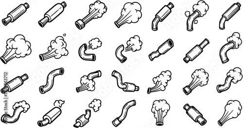 Automotive Exhaust Pipes and Mufflers Black  White Line Art Icons Set. Vehicle exhaust system elements with smoke emission, vector illustrations.