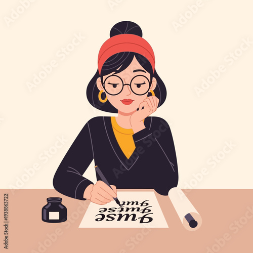 Illustration of a focused woman writing with a calligraphy pen on paper with an inkwell on a desk.