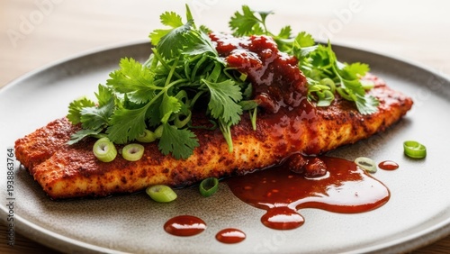 A beautifully plated fillet of fish, coated in sauce and garnished with cilantro and scallions