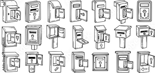 Communication  Security Industry: Hand-drawn Black and White Line Art Vector Collection of Various Mailboxes, Postboxes, and Letterboxes