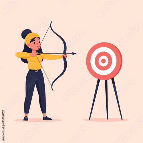 Illustration of a woman aiming a bow and arrow at a target on a stand against a pastel background.