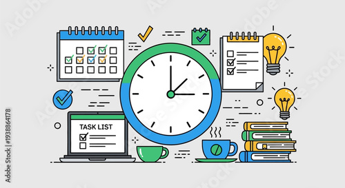 Clock Surrounded by Office Supplies and Ideas.