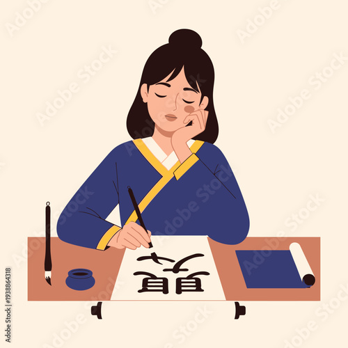 Young woman practicing calligraphy with a brush on paper in a focused pose.