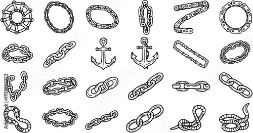Hand-drawn Nautical and Industrial Chains, Links, and Anchors Black and White Line Art Collection