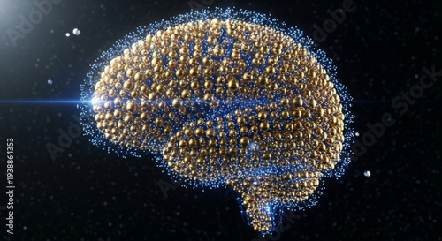 Human brain made of tiny yellow and blue dots glowing with light on black background with stars