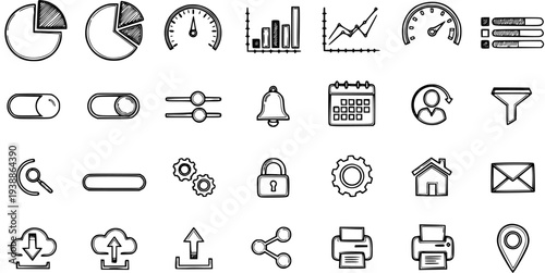 Black and White Hand-Drawn Icons for Technology and Business Dashboards