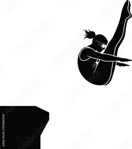 Female diver silhouette performing acrobatic jump from springboard isolated on white background